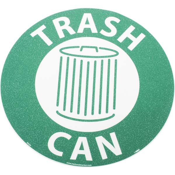 AccuformNMC WFS37 Janitorial & Housekeeping & Restroom Adhesive Backed Floor Sign Round, Vinyl, ''Trash Can''