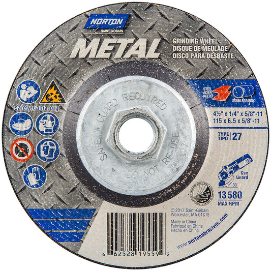 Norton 66252819559 Depressed Center Wheel Type 27, 4-1/2" Dia, Aluminum Oxide