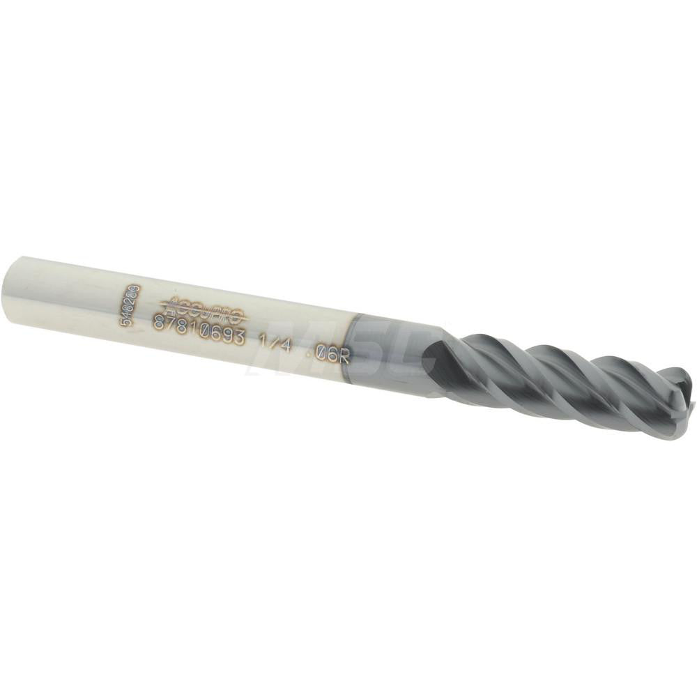 Accupro 87810693 Corner Radius End Mill 1/4" Dia, 3/4" LOC, 0.06" Radius, 4 Flutes, Solid Carbide