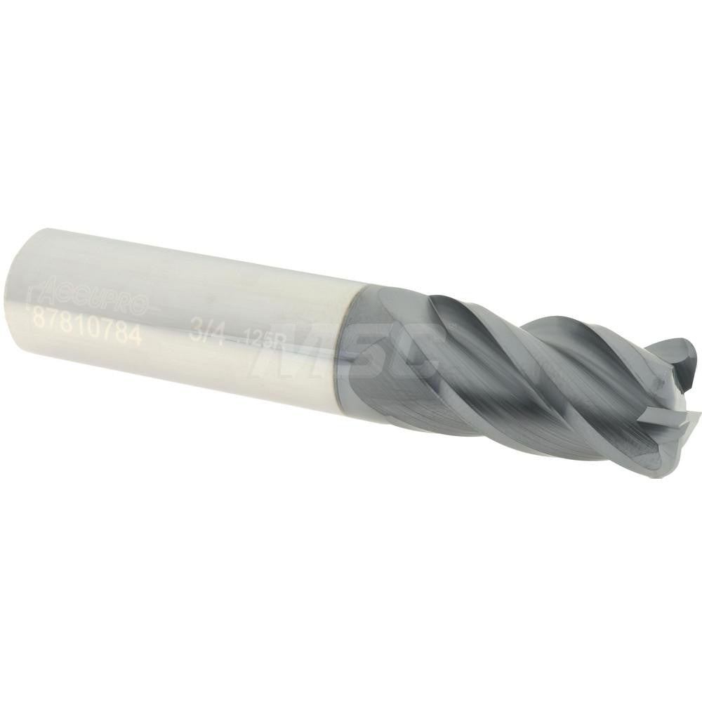 Accupro 87810784 Corner Radius End Mill 3/4" Dia, 1-1/2" LOC, 1/8" Radius, 4 Flutes, Solid Carbide