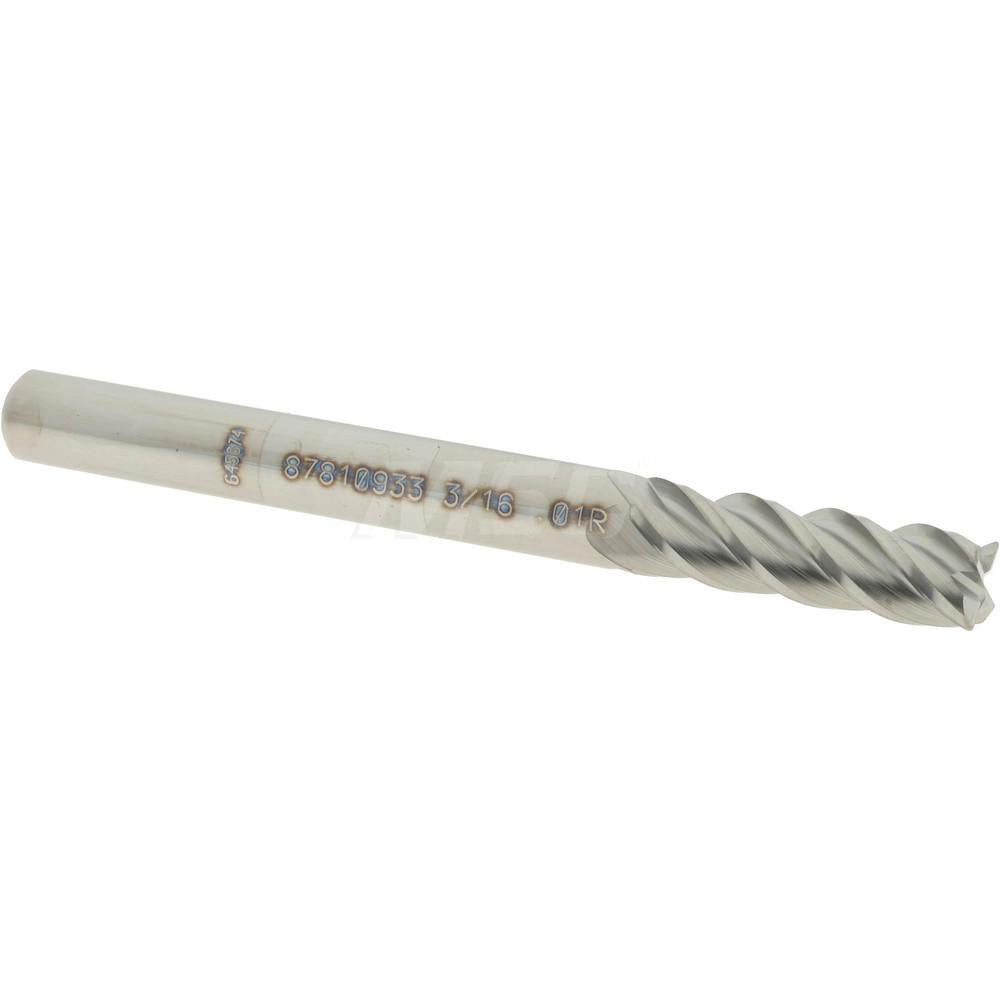 Accupro 87810933 Corner Radius End Mill 3/16" Dia, 5/8" LOC, 0.01" Radius, 4 Flutes, Solid Carbide
