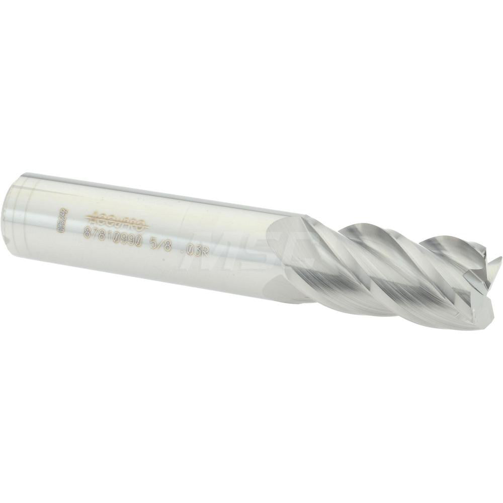 Accupro 87810990 Corner Radius End Mill 5/8" Dia, 1-1/4" LOC, 0.03" Radius, 4 Flutes, Solid Carbide