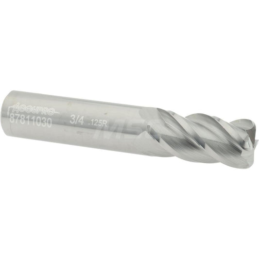 Accupro 87811030 Corner Radius End Mill 3/4" Dia, 1-1/2" LOC, 1/8" Radius, 4 Flutes, Solid Carbide
