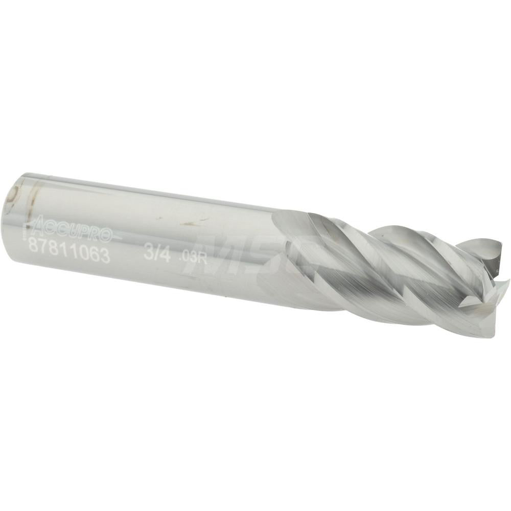 Accupro 87811063 Corner Radius End Mill 3/4" Dia, 1-1/2" LOC, 0.03" Radius, 4 Flutes, Solid Carbide