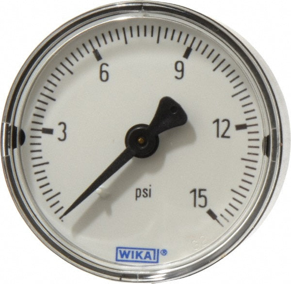 Wika 4253264 Pressure Gauge 2" Dial, 0 to 15 psi, 1/4" Thread, NPT, Center Back Mount