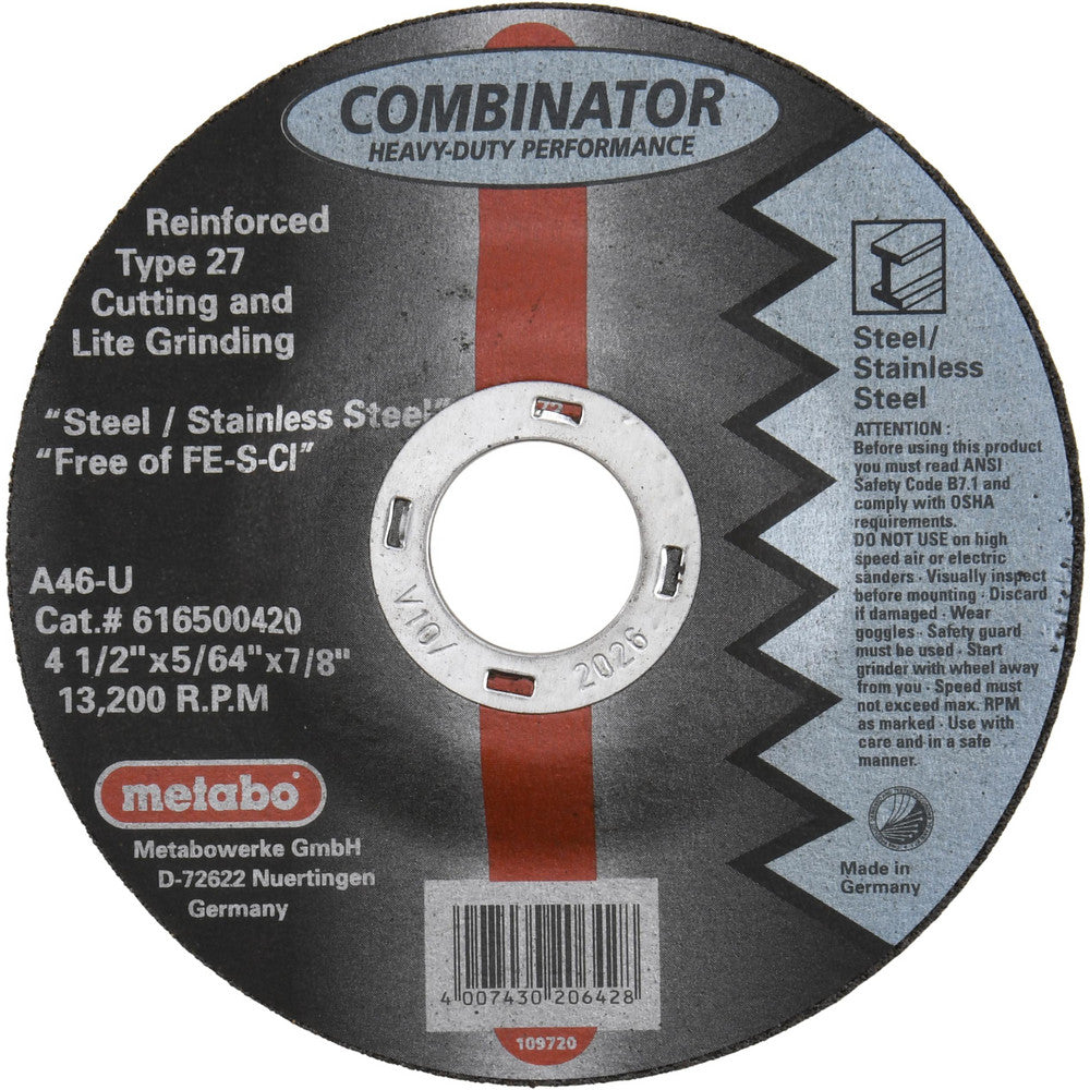 Metabo 616500420 Cut-Off Wheel Type 27, 4-1/2" Dia, 5/64" Thick, 7/8" Hole, Zirconia Alumina