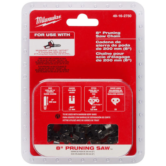 Milwaukee Tool 49-16-2750 Outdoor Power Equipment Accessories Accessory Type Saw Chain  For Use With Milwaukee® M18 FUEL™ HATCHET™ 8" Pruning Saw (3004-20) and 8" Pruning Saw Guide Bar (49-16-2751)  