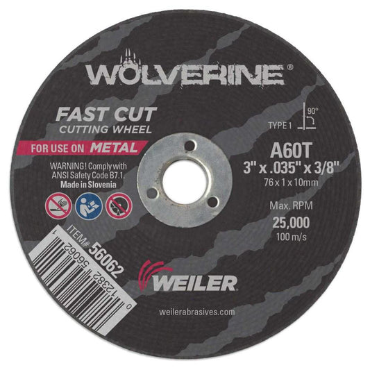 Weiler 56062 Cutoff Wheel Type 1 (01/41), 3" Dia, 0.0350" Thick, 3/8" Hole, Aluminum Oxide