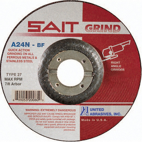Sait 20070 Depressed-Center Wheel Type 27, 5" Dia, 1/4" Thick, 7/8" Hole, Aluminum Oxide
