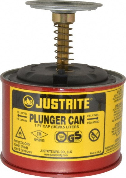 Justrite Mfg. Company 10008 1 Pint Capacity, 5-1/4 Inch High x 4-7/8 Inch Diameter, Steel Plunger Can