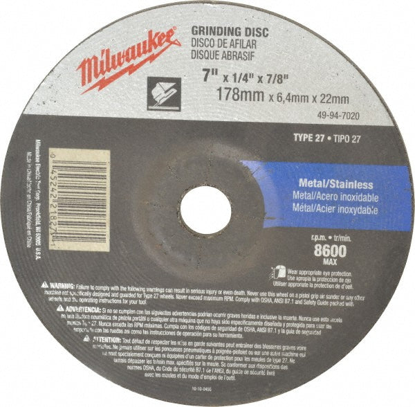 Milwaukee Tool 49-94-7020 Depressed Center Wheel Type 27, 7" Dia, Aluminum Oxide