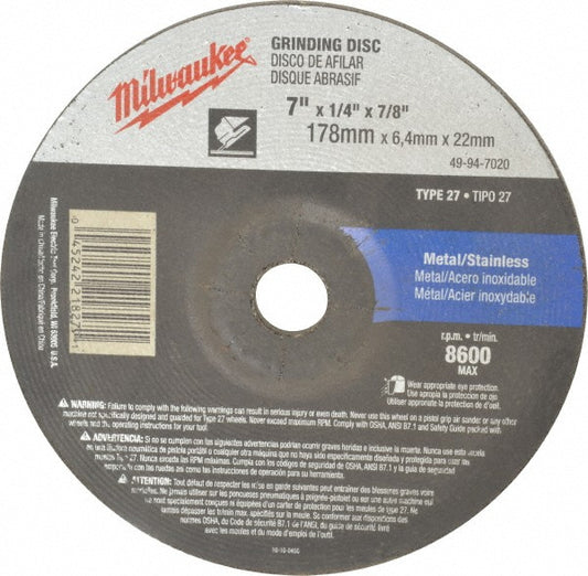 Milwaukee Tool 49-94-7020 Depressed Center Wheel Type 27, 7" Dia, Aluminum Oxide