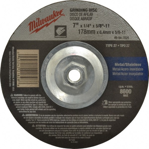 Milwaukee Tool 49-94-7025 Depressed Center Wheel Type 27, 7" Dia, Aluminum Oxide