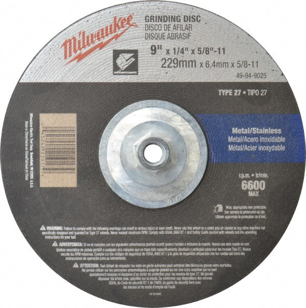 Milwaukee Tool 49-94-9025 Depressed Center Wheel Type 27, 9" Dia, Aluminum Oxide