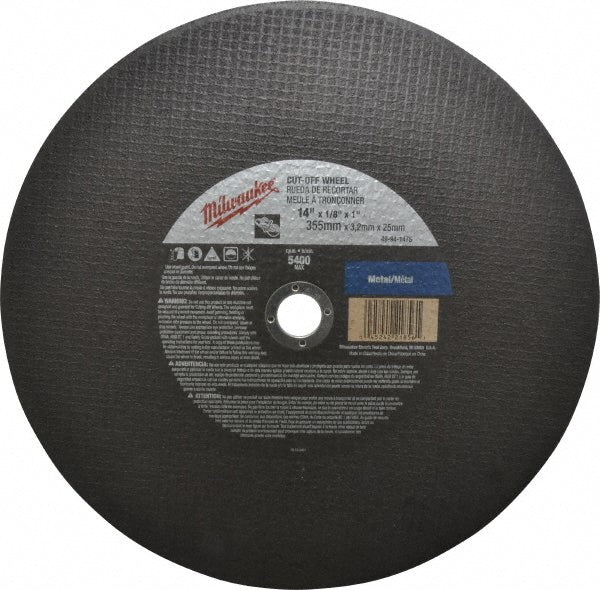 Milwaukee Tool 49-94-1475 Cut-Off Wheel Type 1, 14" Dia, 1/8" Thick, 1" Hole, Aluminum Oxide