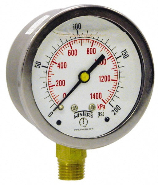 Winters PFQ804 Pressure Gauge 2-1/2" Dial, 0 to 100 psi, 1/4" Thread, NPT, Lower Mount