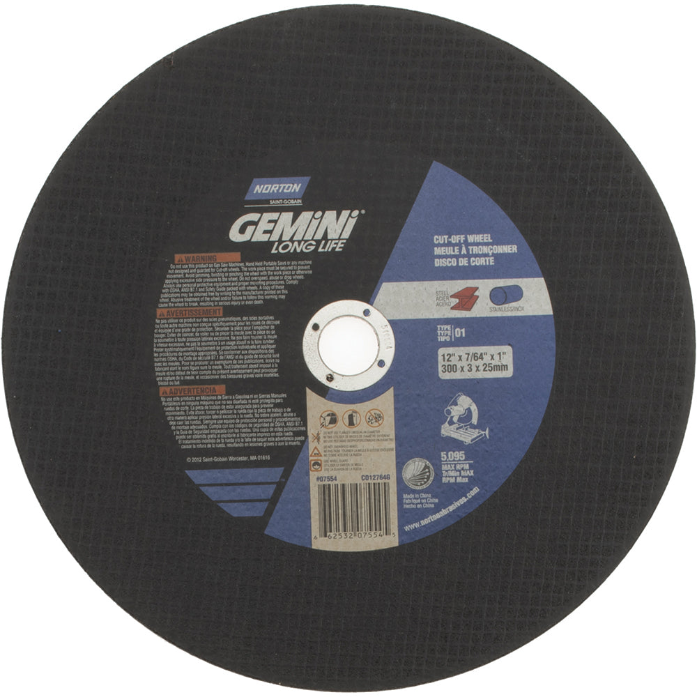 Norton 66253207554 Cut-Off Wheel 12" Dia, 7/64" Thick, 1" Hole, Aluminum Oxide