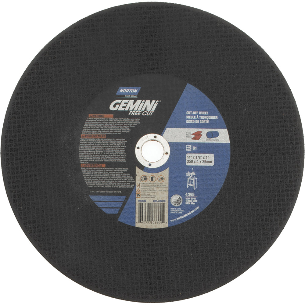 Norton 66253306609 Cut-Off Wheel 14" Dia, 1/8" Thick, 1" Hole, Aluminum Oxide