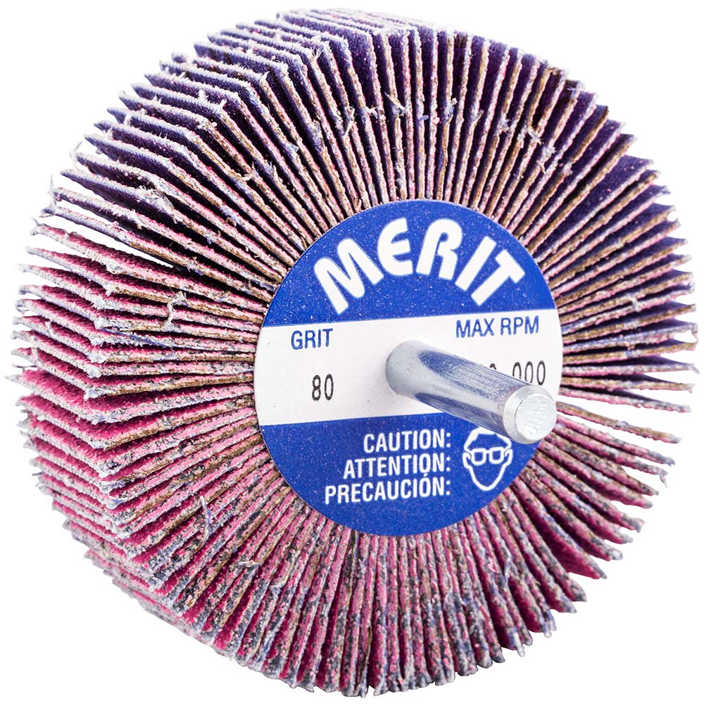 Merit Abrasives 69957339715 Mounted Flap Wheel 3" Dia, 1" Face Width, 80 Grit, Ceramic