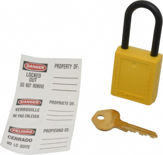 Master Lock 406YLW Lockout Padlock Keyed Different, Key Retaining, Thermoplastic, Plastic Shackle, Yellow