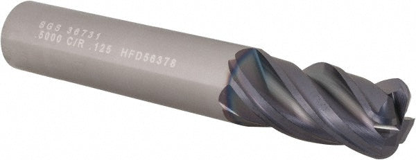 Kyocera SGS Precision Tools 36731 Corner Radius End Mill 1/2" Dia, 1" LOC, 1/8" Radius, 4 Flutes, Solid Carbide