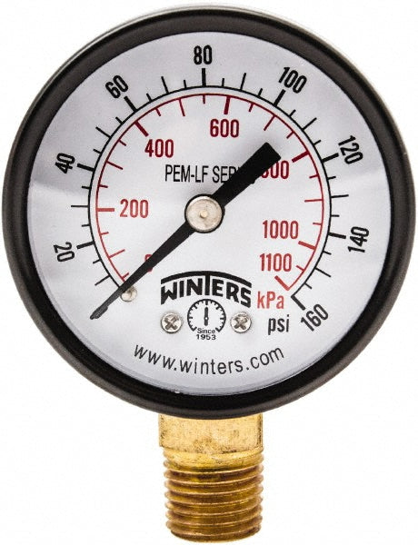 Winters PEM203LF Pressure Gauge 2" Dial, 0 to 160 psi, 1/4" Thread, NPT, Lower Mount