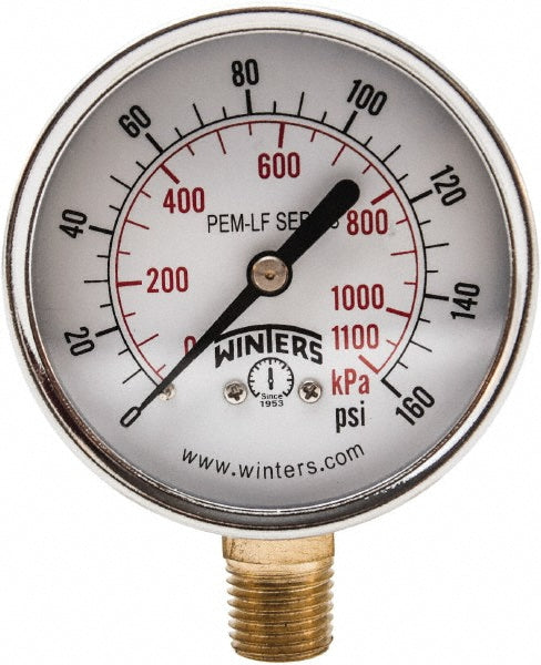Winters PEM215LF Pressure Gauge 2-1/2" Dial, 0 to 160 psi, 1/4" Thread, NPT, Lower Mount