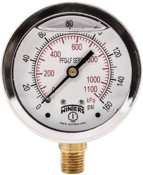 Winters PFQ805LF Pressure Gauge 2-1/2" Dial, 0 to 160 psi, 1/4" Thread, NPT, Lower Mount