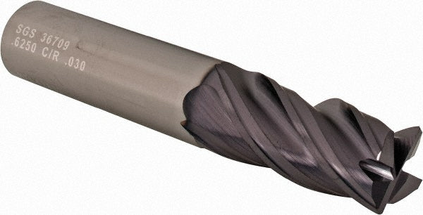 Kyocera SGS Precision Tools 36709 Corner Radius End Mill 5/8" Dia, 1-1/4" LOC, 0.03" Radius, 4 Flutes, Solid Carbide