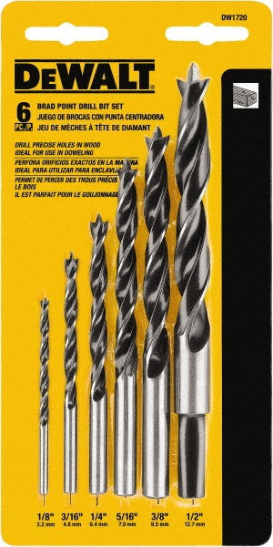 DeWALT DW1720 Drill Bit Set Brad-Point, 6 Pc, 0.125" to 0.5" Drill Bit Size, 118 &deg, High Speed Steel