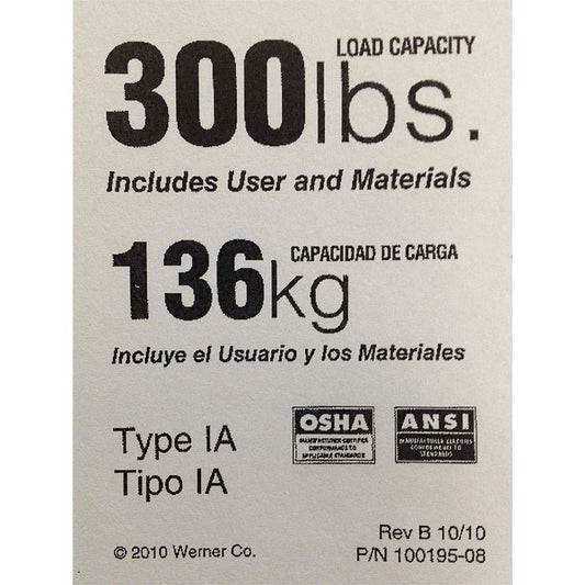 Werner LDR300 Ladder Accessories Accessory Type Label  For Use With Type IA Ladders Except Twin Stepladders  Material Paper  