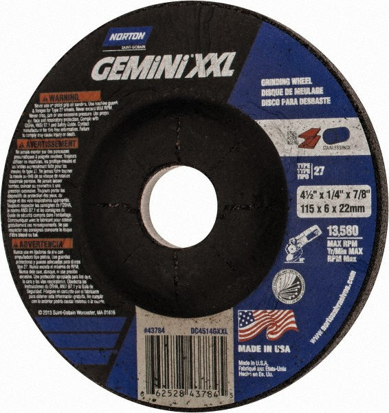 Norton 66252843784 Depressed Center Wheel Type 27, 4-1/2" Dia, Aluminum Oxide