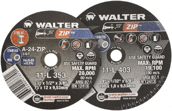 WALTER Surface Technologies 11L433 Cut-Off Wheel Type 1, 4" Dia, 1/4" Thick, 3/8" Hole, Aluminum Oxide