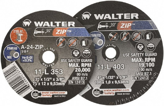 WALTER Surface Technologies 11L433 Cut-Off Wheel Type 1, 4" Dia, 1/4" Thick, 3/8" Hole, Aluminum Oxide