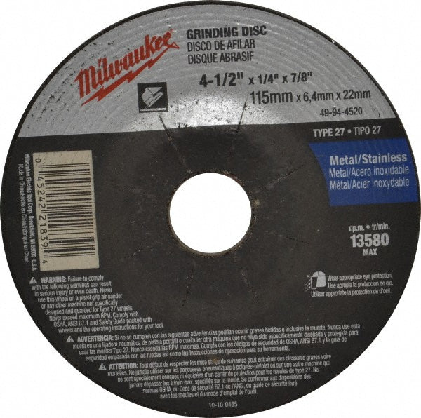 Milwaukee Tool 49-94-4520 Depressed Center Wheel Type 27, 4-1/2" Dia, Aluminum Oxide