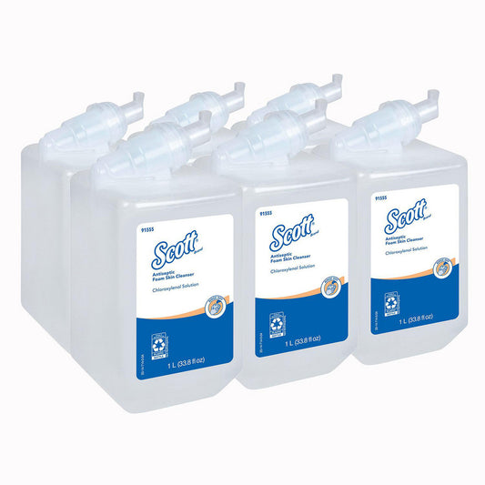 Scott 91555 Antiseptic Foam Skin Cleanser, 1.0 L Manual Hand Soap Refills, Clear, Unscented, 1.75% PCMX, NSF E-2 Rated