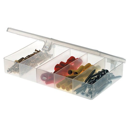 Plano Molding 344985 Small Parts Boxes & Organizers Product Type Compartment Box  Lock Type Tension Latch  Width (Inch) 4  Number of Dividers 4  Removable Dividers No  Color Clear