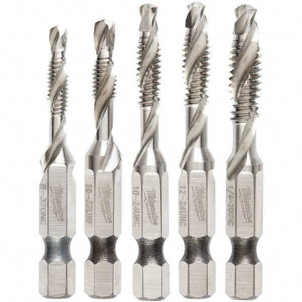 Milwaukee Tool 48-89-4874 Combination Drill & Tap Sets Minimum Thread Size #8-32 in  Maximum Thread Size 1/4-20 in  Number Of Flutes 2.0  Overall Length 2.2800in  Material Steel  Number Of Pieces 5