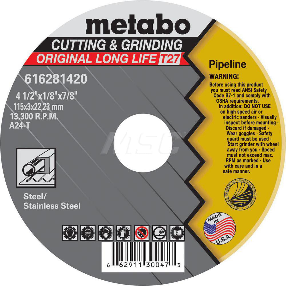 Metabo 616281420 Depressed Grinding Wheel  Type 27,  4-1/2" Dia,  1/8" Thick,  7/8" Hole,  Aluminum Oxide