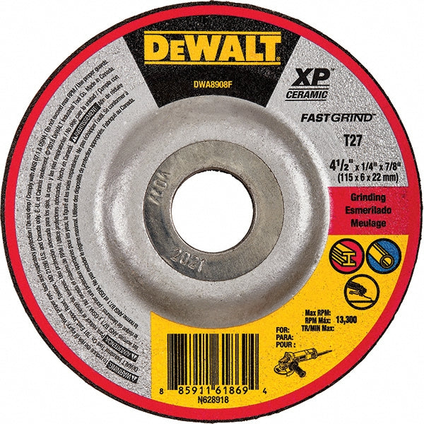 DeWALT DWA8909FH Depressed Center Wheel Type 27, 4-1/2" Dia, 1/4" Thick, Ceramic