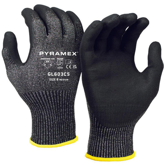 PYRAMEX GL603C5S Cut & Puncture Resistant Gloves Style Knit  Coating Material Microfoam Nitrile  Coating Coverage Palm & Fingers  Glove Type Cut, Puncture & Abrasion-Resistant  ANSI/ISEA Cut Resistance Level A4  Primary Material HPPE
