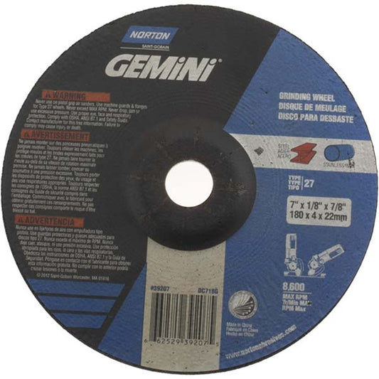 Norton 66252939207 Depressed Center Wheel Type 27, 7" Dia, Aluminum Oxide