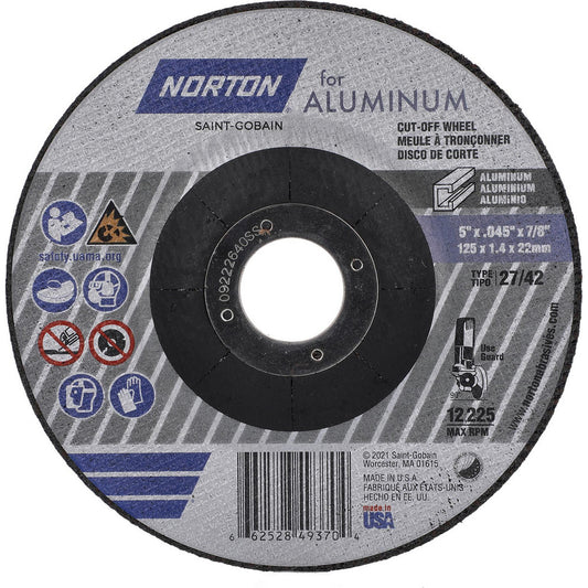 Norton 66252849370 Depressed Grinding Wheel  Type 27,  5" Dia,  7/8" Hole,  Aluminum Oxide