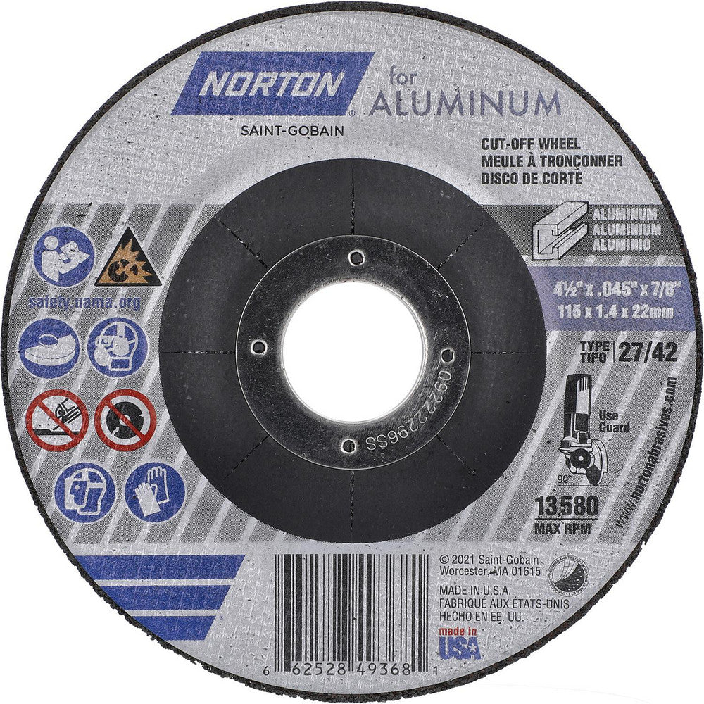 Norton 66252849368 Depressed Grinding Wheel  Type 27,  4-1/2" Dia,  7/8" Hole,  Aluminum Oxide