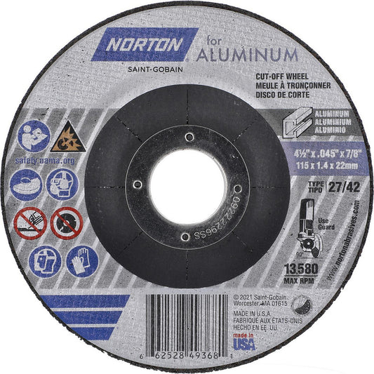 Norton 66252849368 Depressed Grinding Wheel  Type 27,  4-1/2" Dia,  7/8" Hole,  Aluminum Oxide