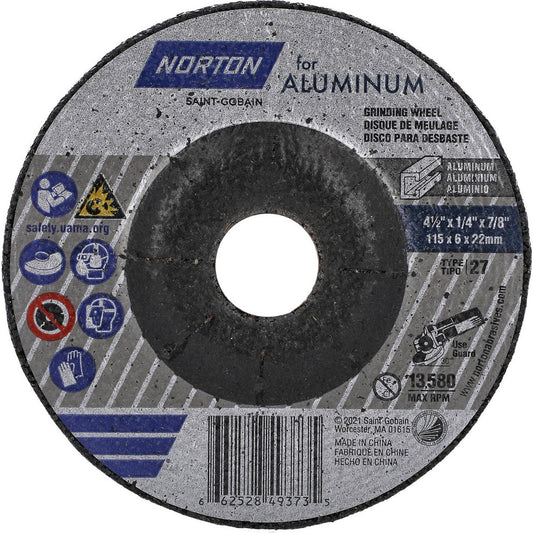 Norton 66252849373 Depressed-Center Wheels Wheel Diameter (Inch) 4-1/2  Wheel Thickness (Inch) 1/4  Hole Size 7/8 (Inch) Wheel Type Type 27  Abrasive Material Aluminum Oxide  Grit 20