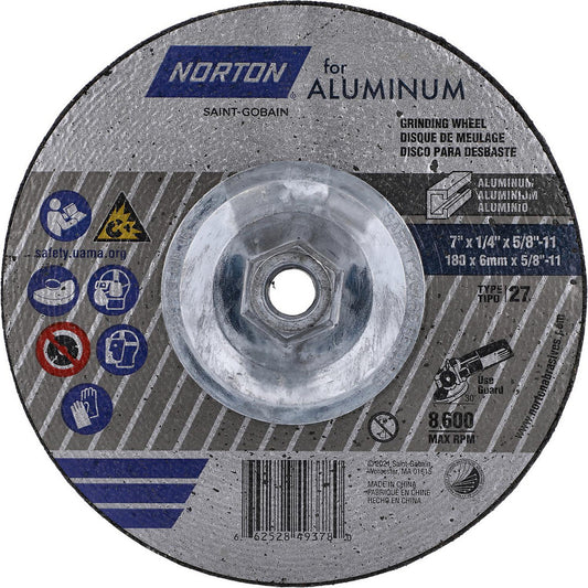 Norton 66252849378 Depressed-Center Wheels Wheel Diameter (Inch) 7  Wheel Thickness (Inch) 1/4  Hole Size 5/8 (Inch) Wheel Type Type 27  Abrasive Material Aluminum Oxide  Grit 20