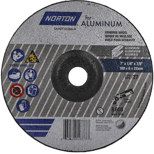 Norton 66252849377 Depressed-Center Wheels Wheel Diameter (Inch) 7  Wheel Thickness (Inch) 1/4  Hole Size 7/8 (Inch) Wheel Type Type 27  Abrasive Material Aluminum Oxide  Grit 20