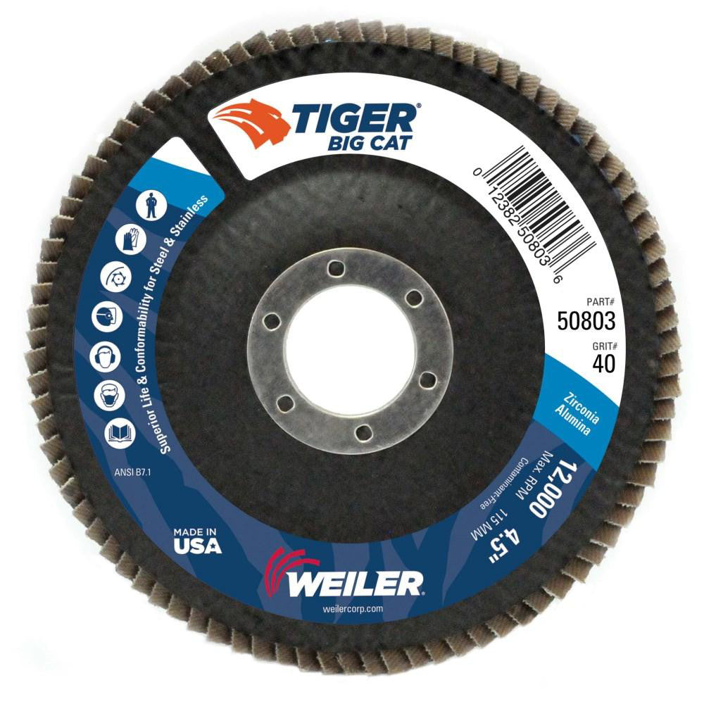 Weiler 50803 Flap Disc  4-1/2" Dia, 7/8" Hole, 40 Grit, Zirconia Alumina, Type 27