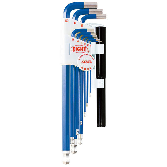 Eight Tool TLC-S9NPBL Hex Key Sets Ball End Yes  Handle Type Color Coded L-Handle  Measurement Type Metric  Hex Size 1.5 mm, 2 mm, 2.5 mm, 3 mm, 4 mm, 5 mm, 6 mm, 8 mm, 10 mm  Material Steel  Overall Length (mm) 235.0000